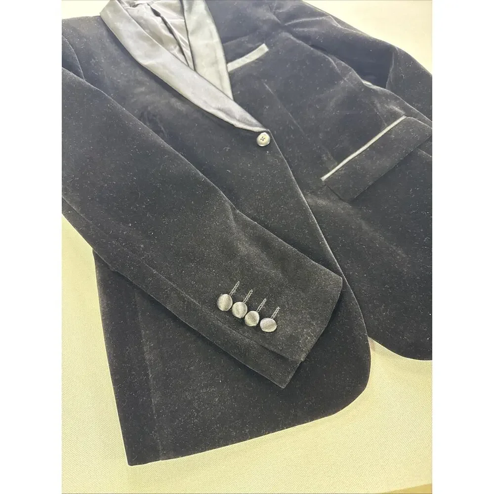 Boys Black Velvet Tuxedo Blazer 170cm(US 16) Satin Collar Formal Dinner Jacket